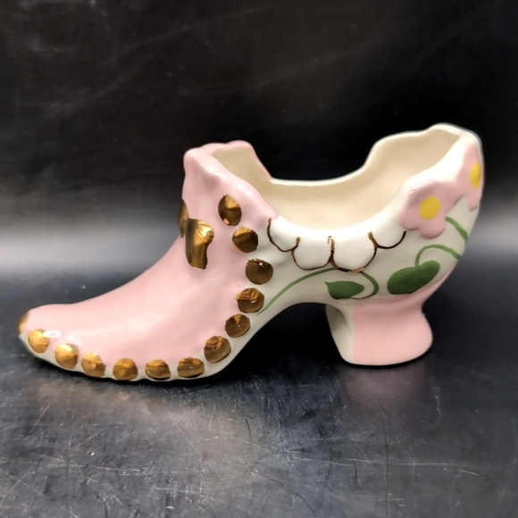 Vintage Porcelain Pink Glazed Pump / Shoe - Floral Decoration Gold Tone Accents - Picture 13 of 13